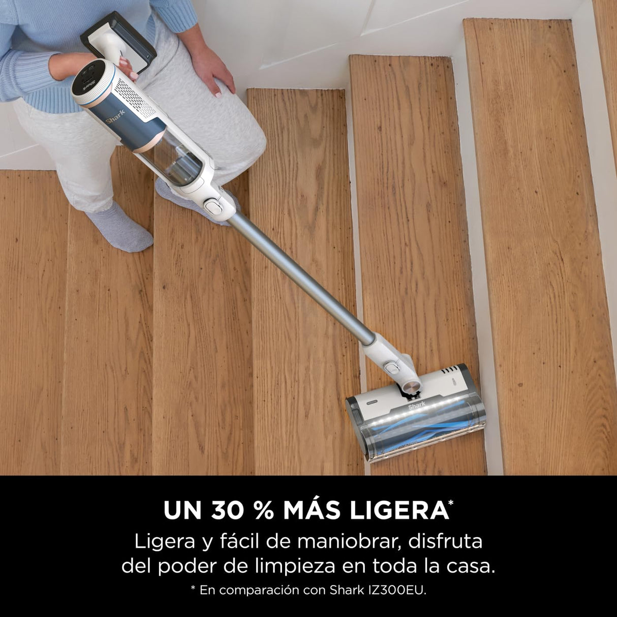 Shark Clean & Empty Aspiradora sin cable, 40 min de autonomía, sistema de vaciado automático, ligera, Anti Hair Wrap, minicepillo pelo de mascotas y boquilla estrecha, luces LED, blanco/azul, BU3521EU