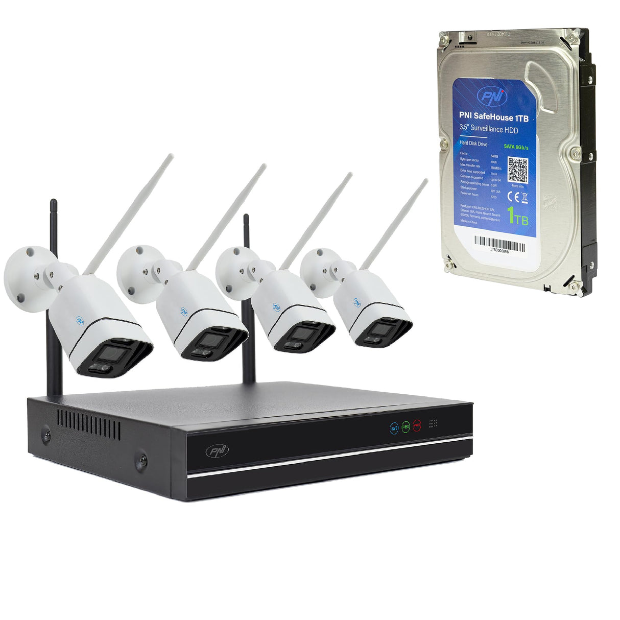 PNI House WiFi660 NVR Paquete de videovigilancia con 4 cámaras inalámbricas, 3MP y PNI SafeHouse 1TB HDD, 3.5 Pulgadas Incluidas