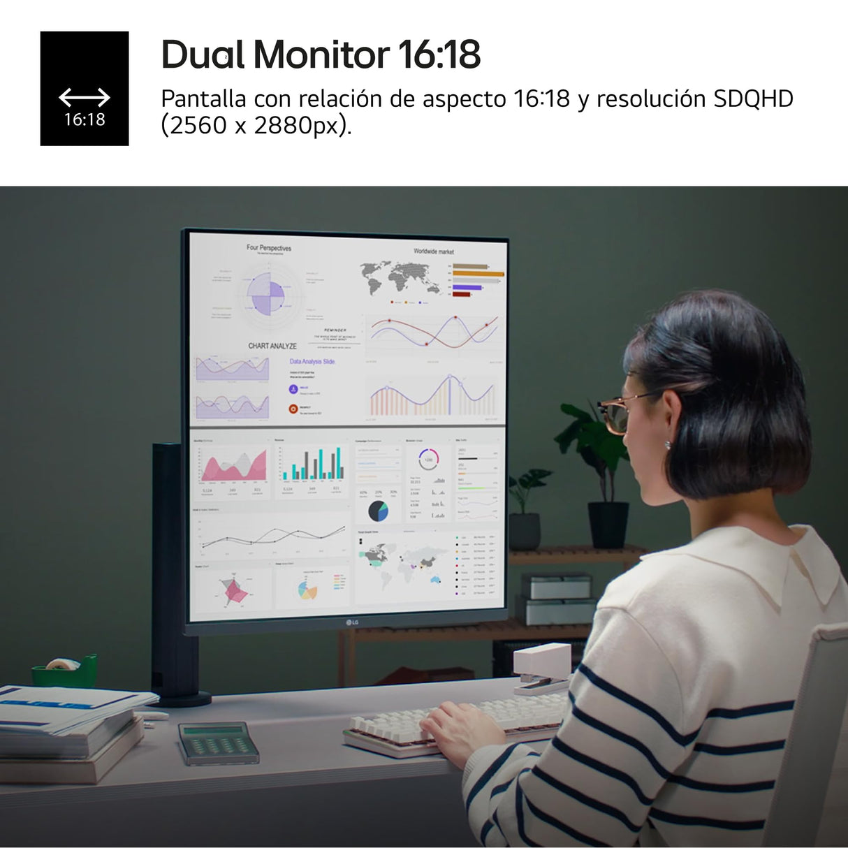 LG 28MQ780-B - Monitor DualUp Ergo 28 pulgadas, Panel NanoIPS SDQHD 16:18 (2560x2880), 300nits, 1000:1, DCI-P3 98%, HDMIx2, DPx1, USB-Cx1, Modo (2PBP) KVM integrado, Soporte Ergo, Color Negro