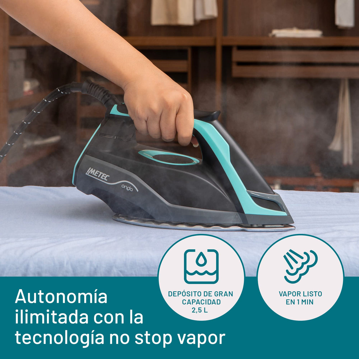Imetec Onda P1, Centro de planchado, Suela Exclusiva a Ondas Patentada, 2400 W, golpe de Vapor 300 g, 3 Filtros Antical con Iones de Plata, Tecnologia No Stop Autonomía Ilimitada