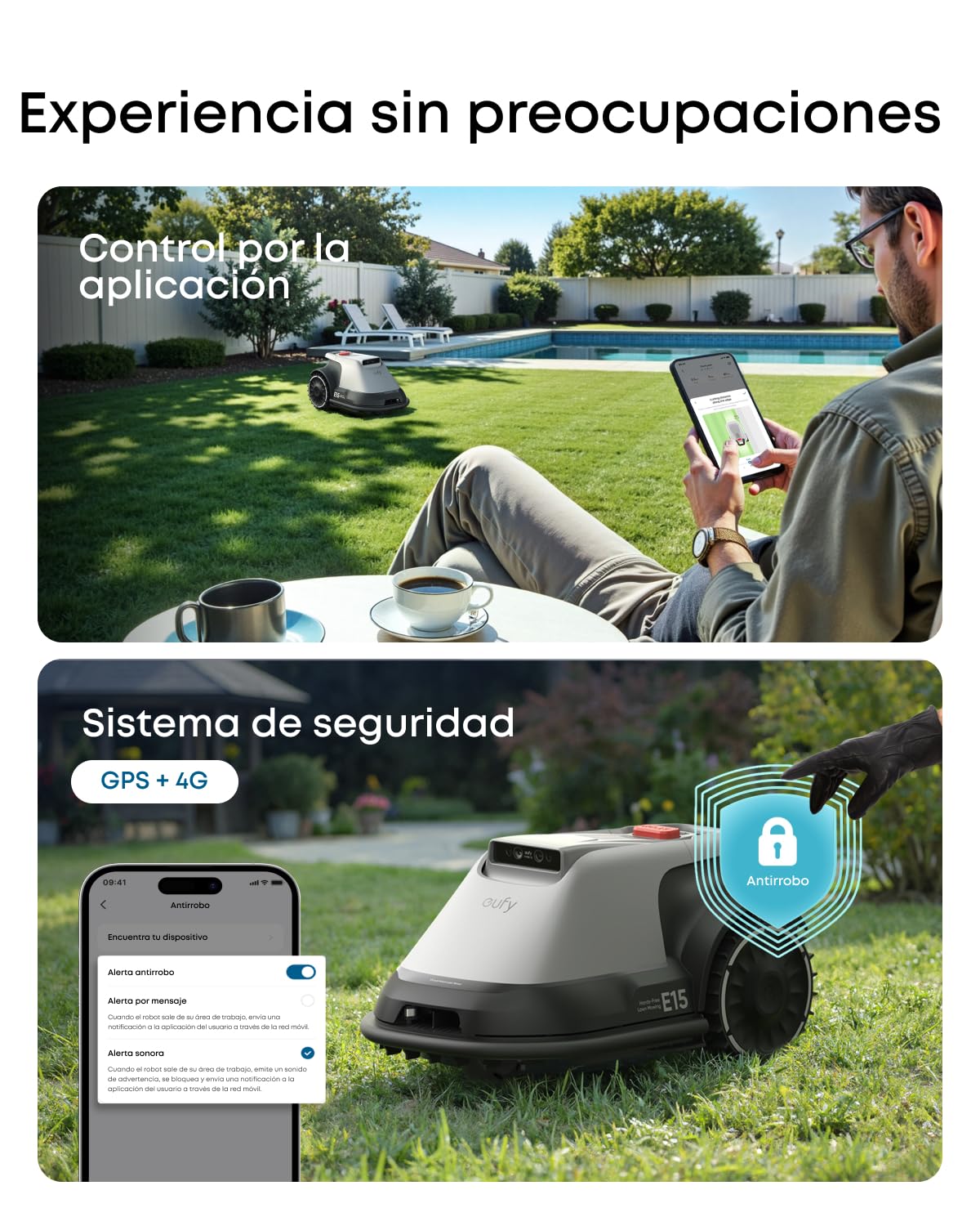 eufy E15 Cortacésped Robótico sin Cable Perimetral,Sin Señal Perdida, Sin RTK,TrueVision, Navegación Inteligente, Jardín hasta 800 m², Corte Preciso Bordes, Evita Obstáculos, Control por App