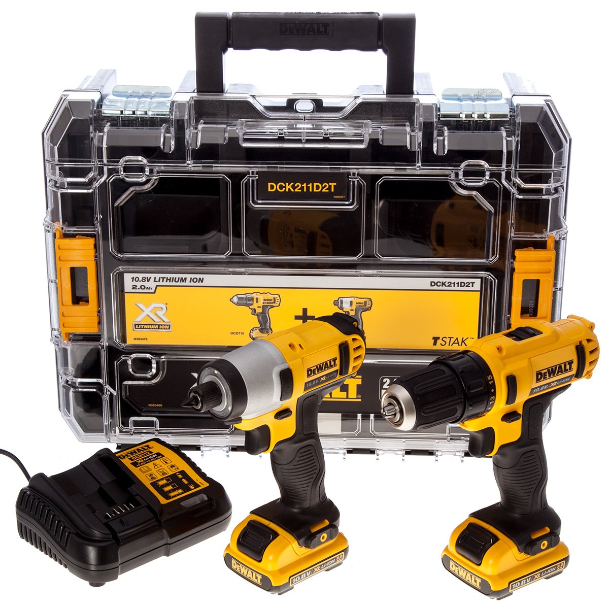 DEWALT DCK211D2T-QW - KIT Taladro Atornillador (DCD710) XR 12V + Atornillador Impacto (DCF815) XR 12V + Organizador TSTAK V, con 2 baterías Litio 2,0Ah y cargador