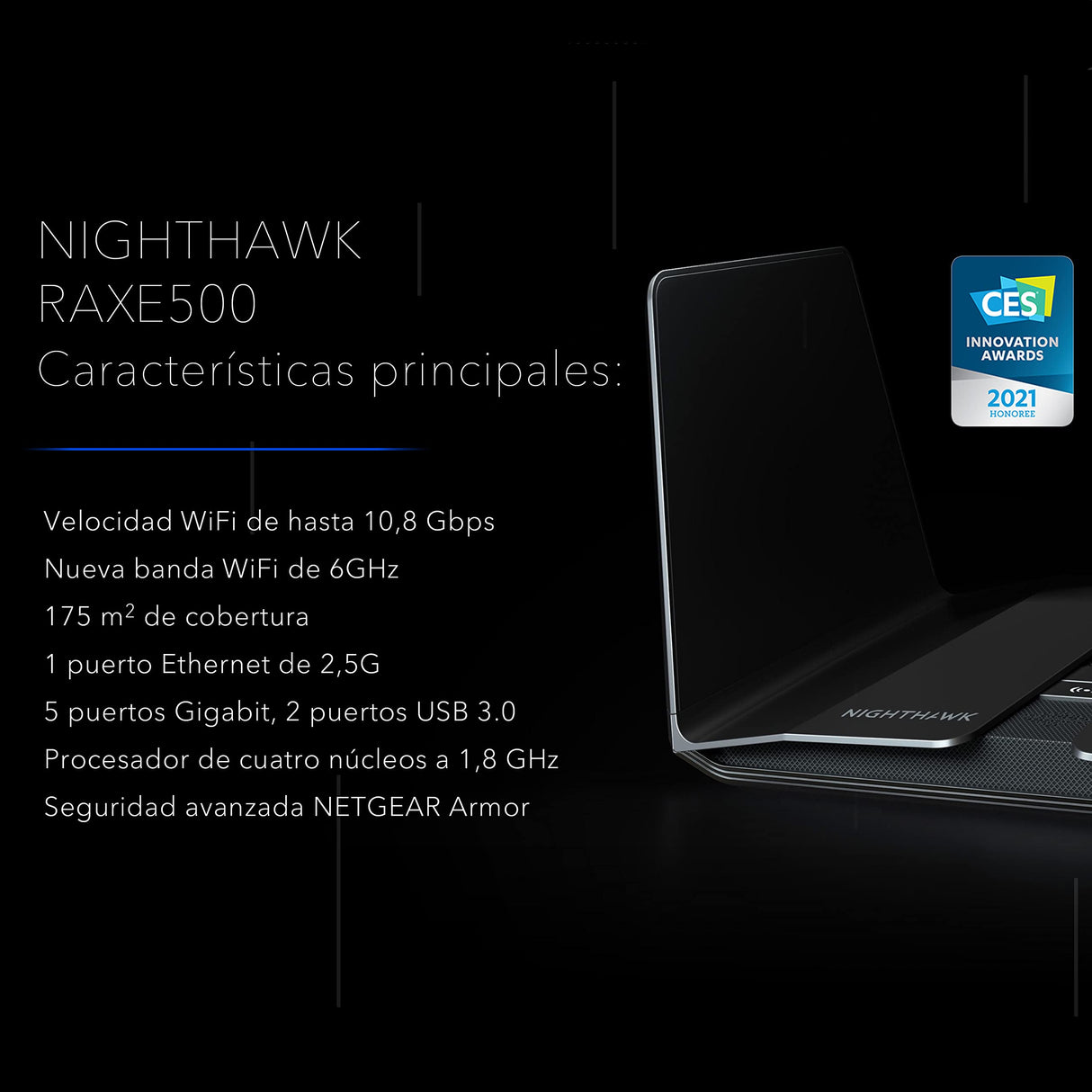 NETGEAR Nighthawk Router WiFi 6E de 12 canales RAXE500 - Velocidad inalámbrica tribanda AXE11000 (hasta 10,8 Gbps) - Nueva banda de 6 GHz - Cobertura de 500 m2