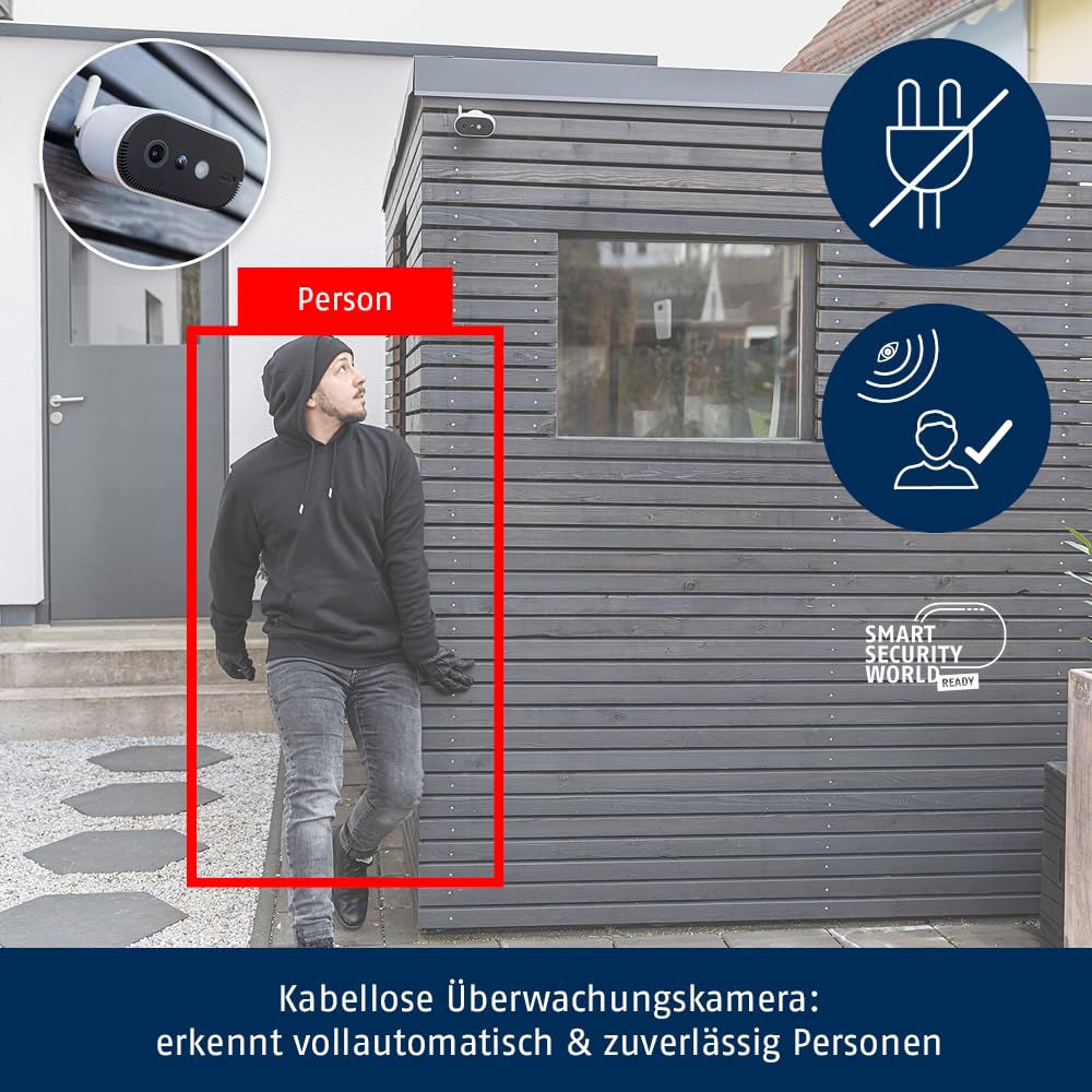 ABUS Cámara a pilas Pro con estación base PPIC91000 Cámara de vigilancia inalámbrica inteligente con LED de luz blanca, detección de personas, notificación push individual, audio bidireccional