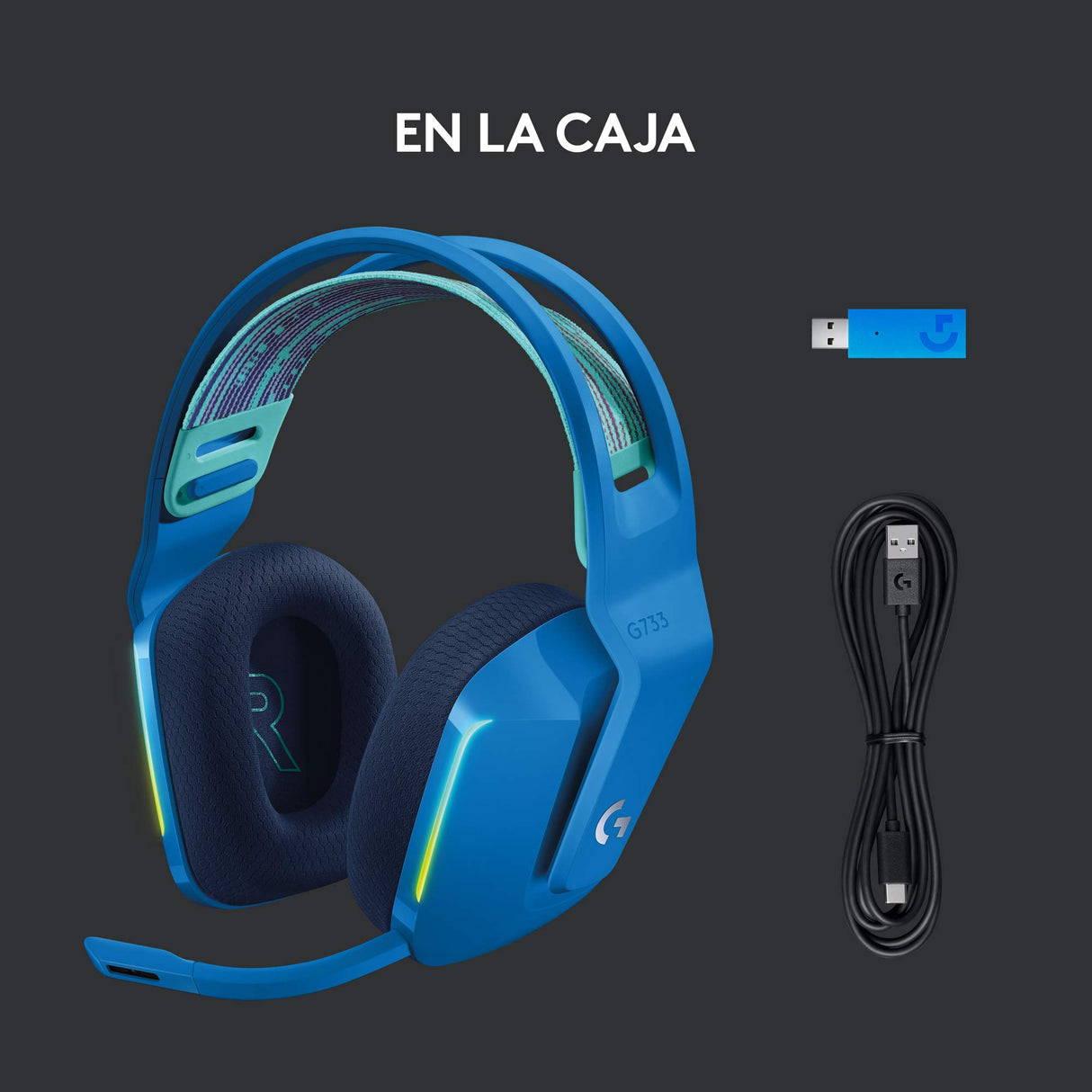 Logitech G733 LIGHTSPEED Auriculares con Micrófono Inalámbricos para Gaming con Diadema con Suspensión, LIGHTSYNC RGB, Tecnología de Micrófono Blue VO!CE, Ligeros, 29h de Batería, PC, PS4, PS5, Azul