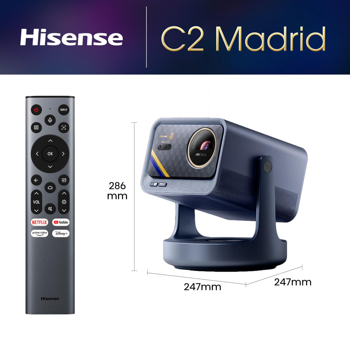 Hisense C2 Ultra Ed. Real Madrid - Mini Proyector Laser UHD 4K Smart TV, de 65" a 300", 3000 Lumen, Dolby Vision Atmos, Audio JBL + Subwofer, Zoom Digital, Autoenfoque, Contraste 2000:1