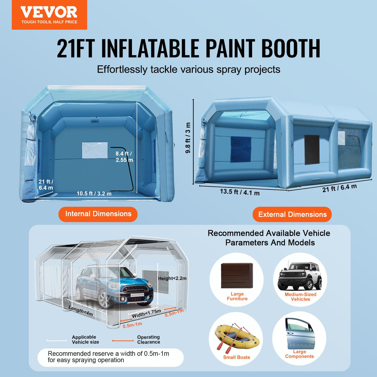 VEVOR Cabina de Pintura Inflable de 6,4 x 4,1 x 3 m con Potente Soplador de 1100 W y Sistema de Filtro de Aire, Cabina de Pintura Portátil para Vehículos Medianos, Pintura de Muebles Grandes