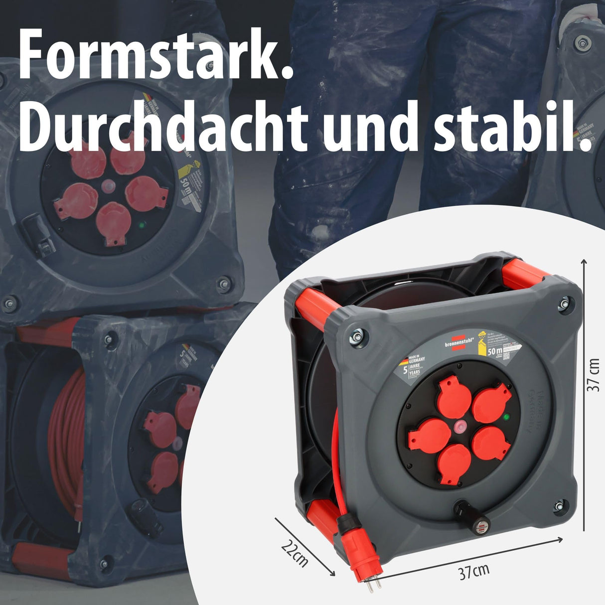 Brennenstuhl Professional KA 5110 5 IP44 carrete para instalación de construcción, cable BQ de 50 m en rojo, 5 enchufes de seguridad, uso en obra y exterior permanente, fabricado en Alemania