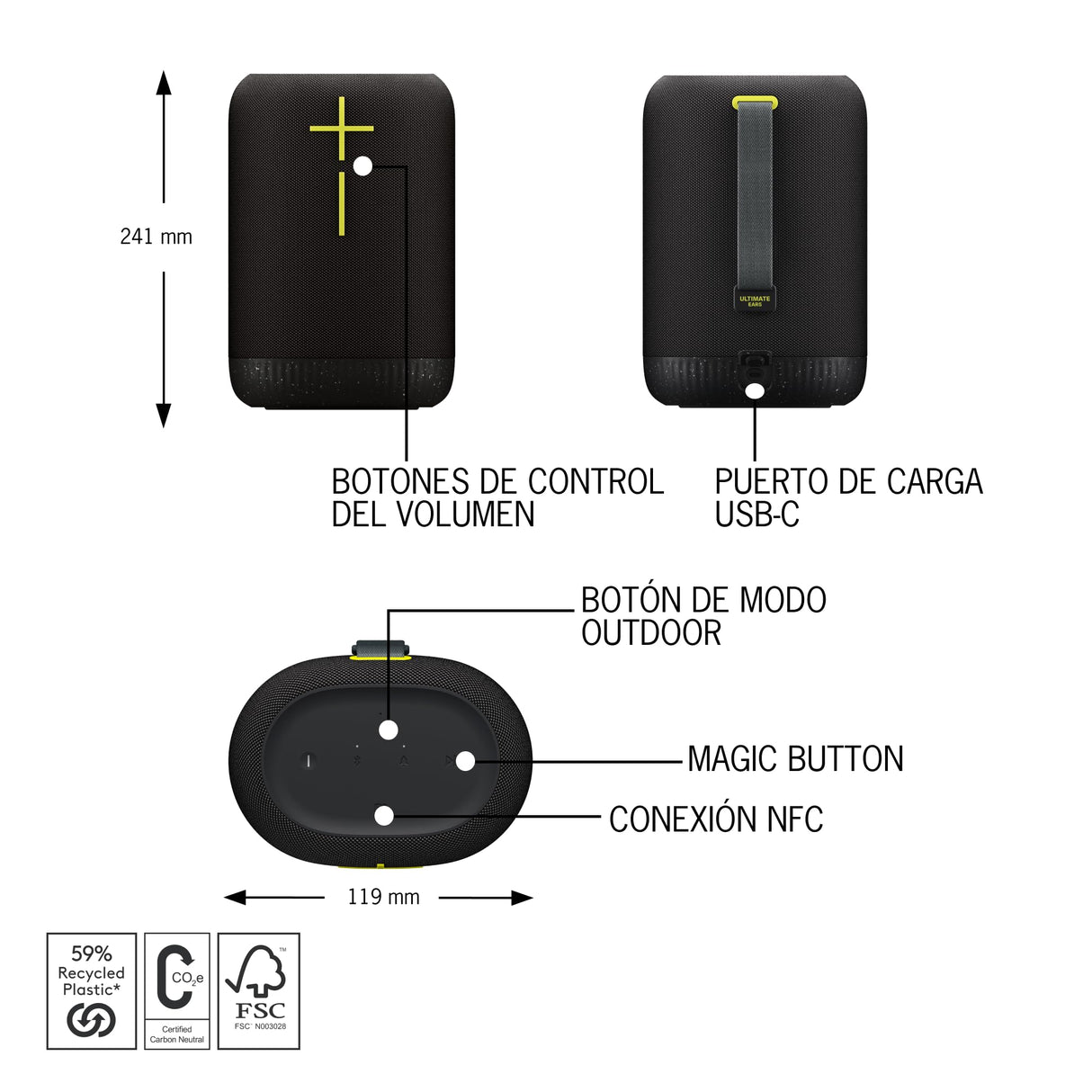 Ultimate Ears EPICBOOM, Altavoz Bluetooth portátil inalámbrico, Graves potentes, Sonido de 360 Grados, EQ adaptativo, Impermeable IP67, Flota, 17 Horas de batería, Radio de acción 6 m, USB C, Negro