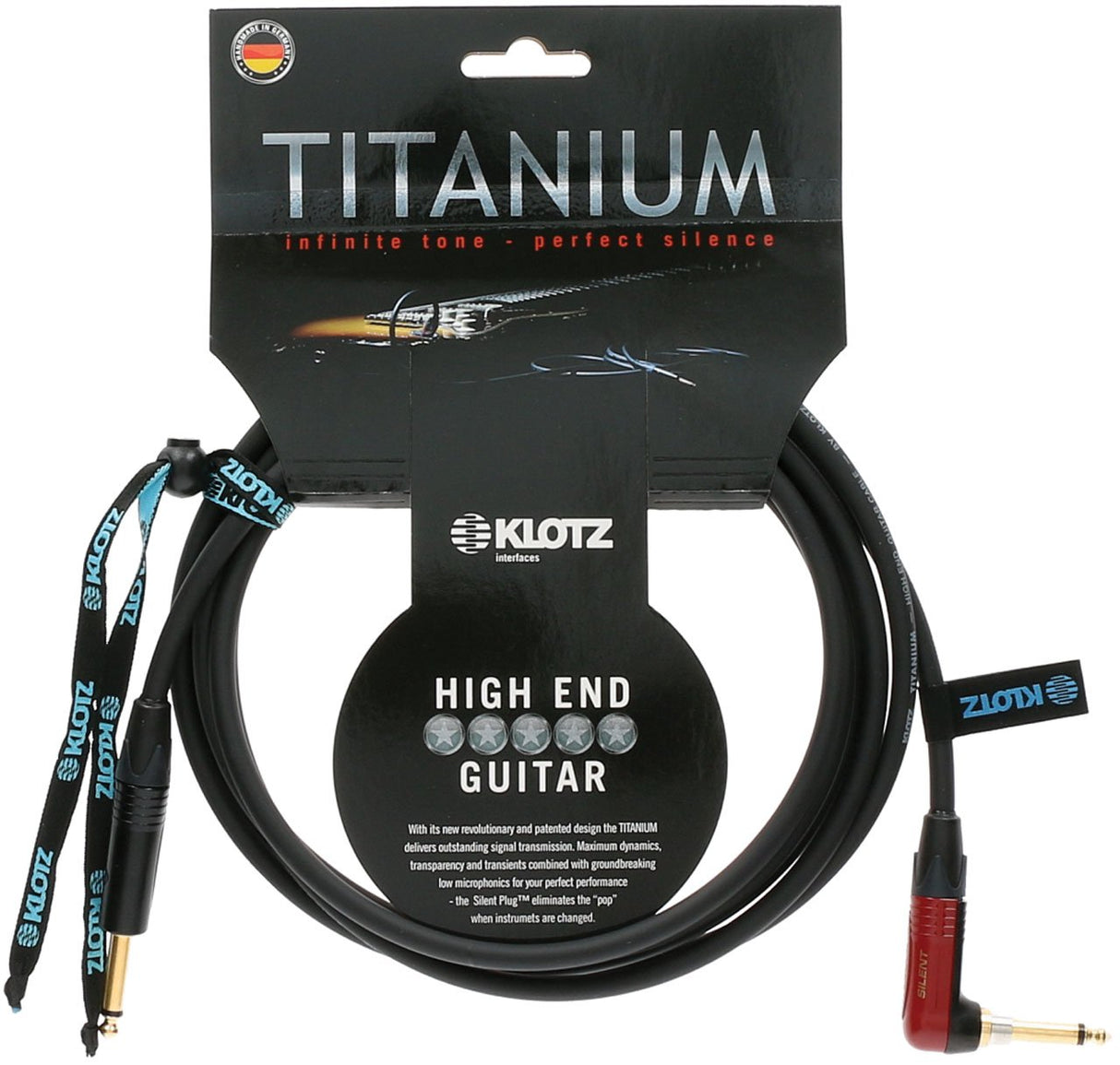 Klotz TIR0600PSP - Cable de titanio para guitarra con enchufe silencioso, 1/4 pulgadas recto a ángulo recto, 20 pies, 20 pies