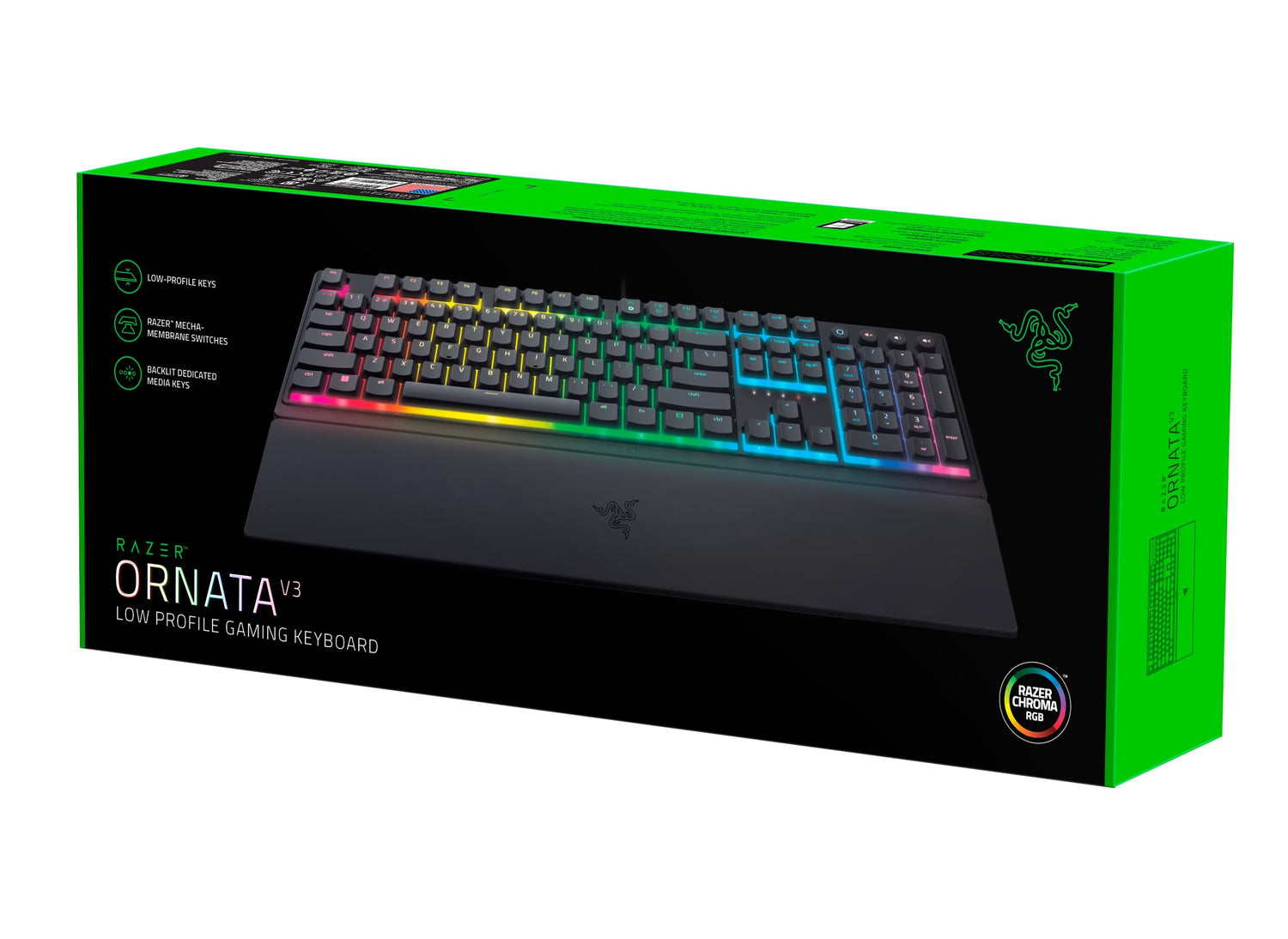 Razer Ornata V3 - Teclado para Juegos de Perfil Bajo (Interruptor Híbrido de Membrana Mecha, Teclas Recubiertas de UV, Reposamuñecas Magnético Suave al Tacto, RGB Chroma) Diseño US, Negro