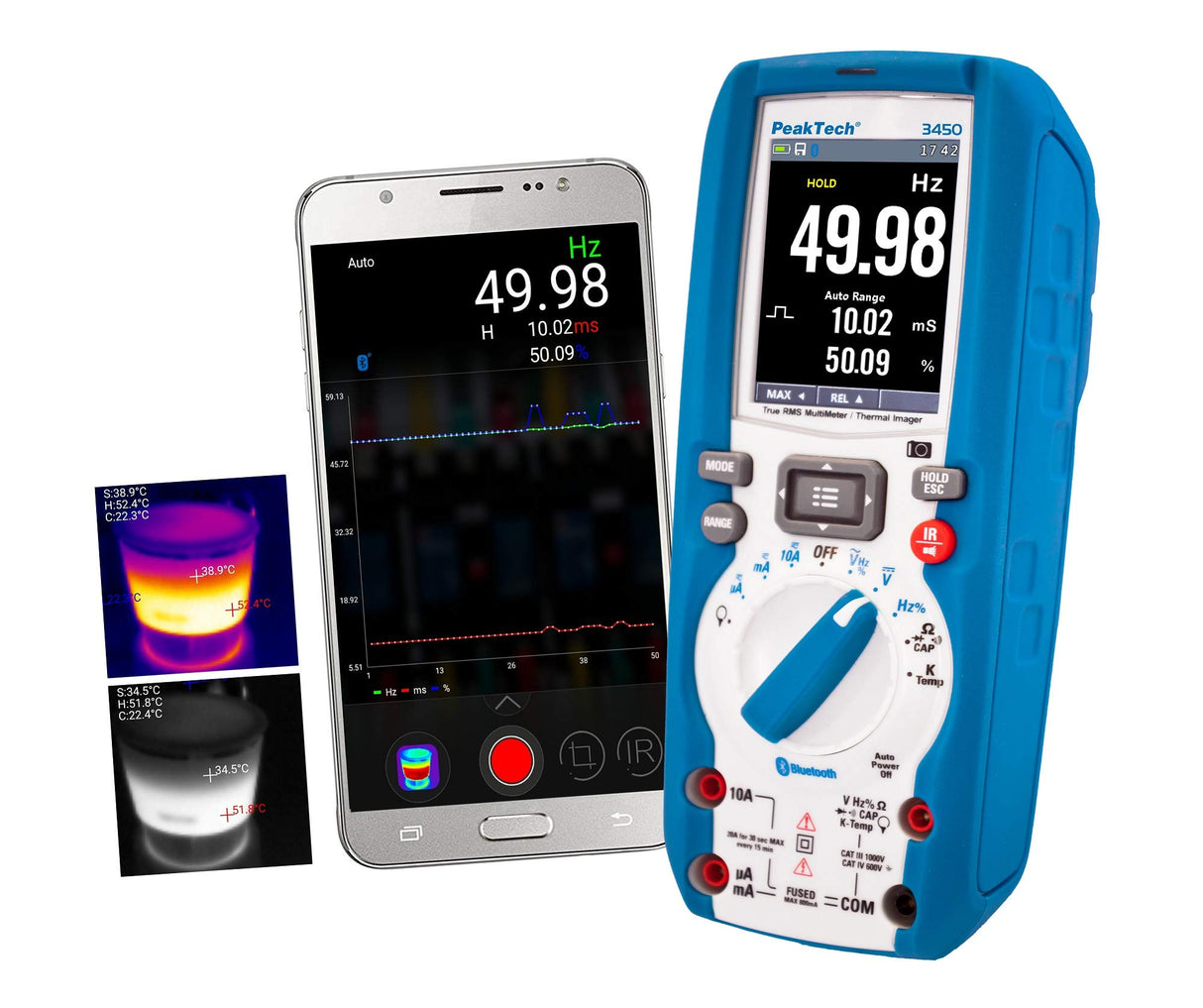 Multímetro digital PeakTech P 3450 True RMS con cámara termográfica, pantalla gráfica Bluetooth y TFT, registrador de datos, probador de continuidad, medidor - CAT III 1000V