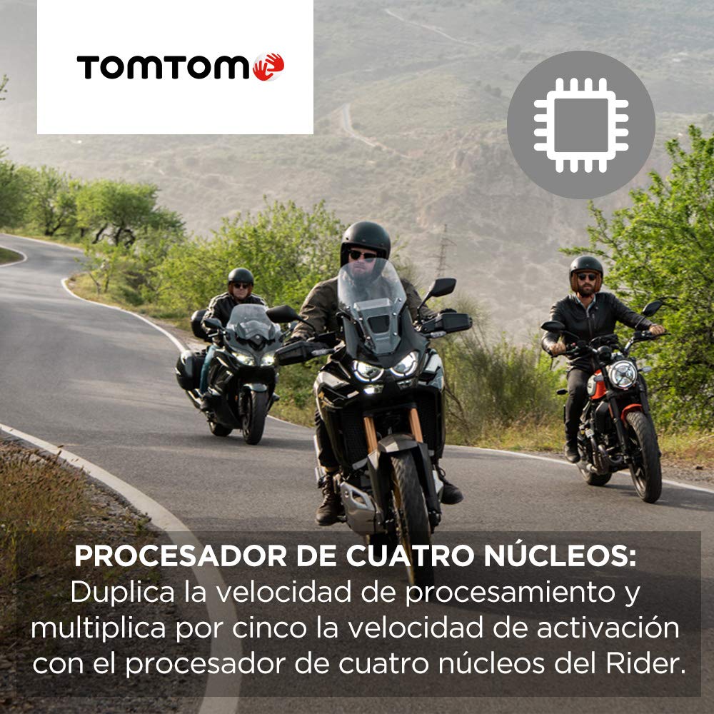 TomTom GPS para motocicletas Rider 500 (4,3 pulgadas con carreteras montañosas, actualizaciones mediante Wi-Fi, info tráfico en tiempo real, Radares de tráfico, 49 mapas)