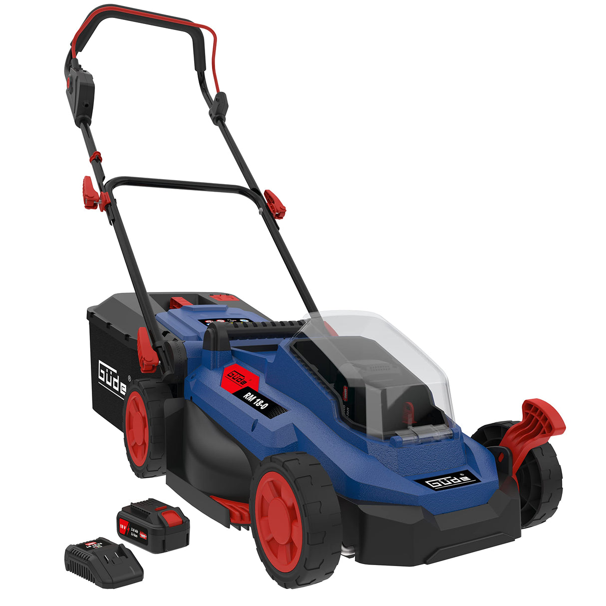 Cortacésped Güde 58400 con batería RM 18-401-23 (motor sin escobillas, 18 V, ion de litio, 4,0 AH, 72 Wh, siega, recoge y mantillo)