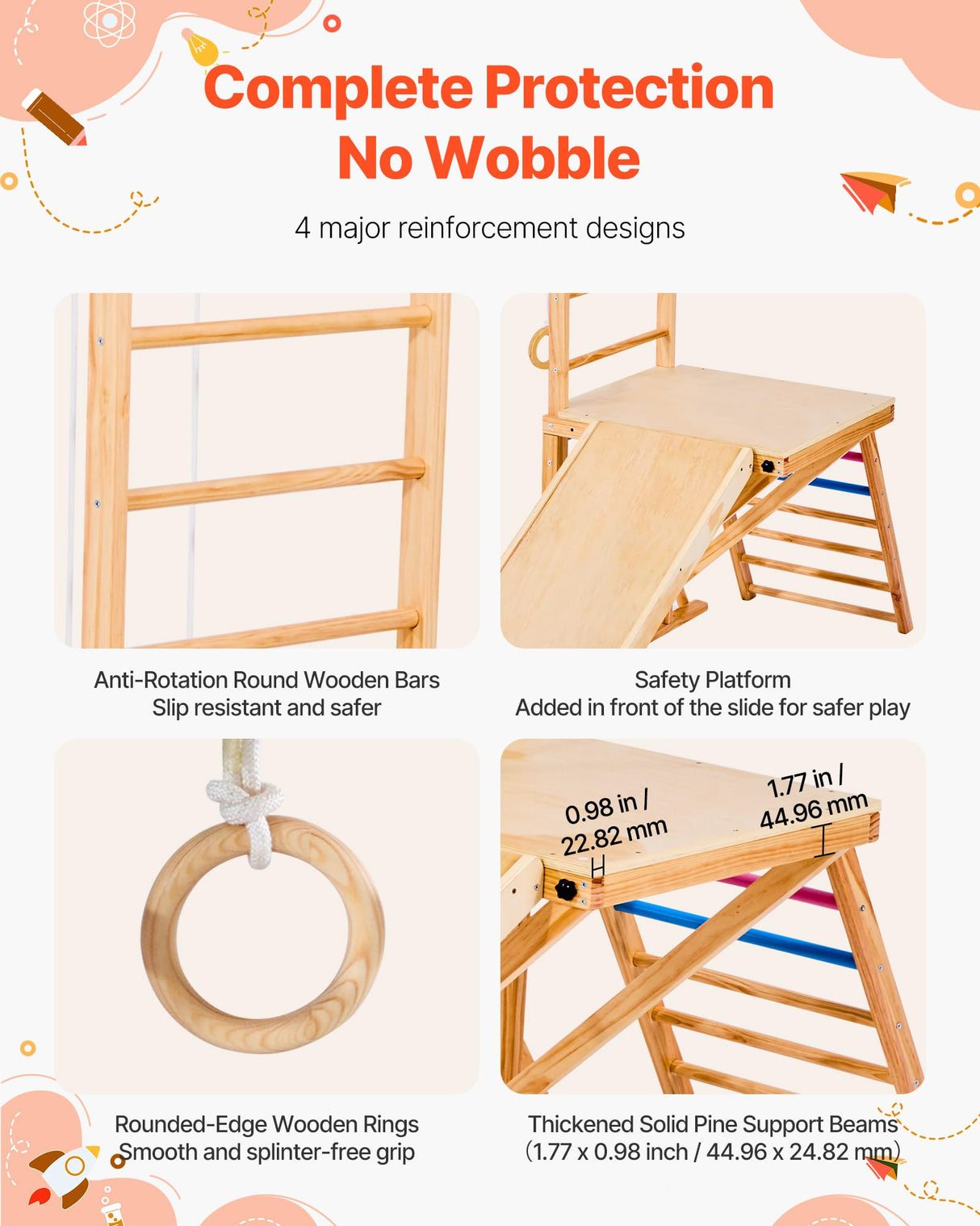 VEVOR 8 en 1 Parque Infantil de Madera para Interior, Carga de 100 kg Juego de Escalada Montessori con Columpio, Barra de Mono, Tobogán, Anillas, Escalera de Madera/Cuerda, Red, Roca, Colorido