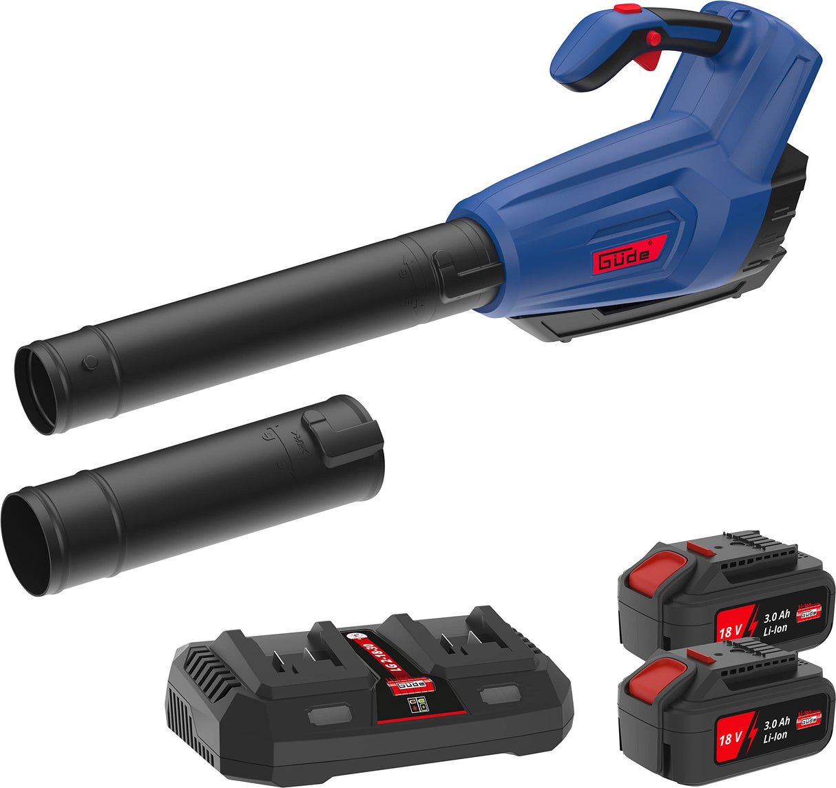 Güde Soplador de Hojas con batería LB 36-302-30 (36 V, Velocidad de soplado 160 km/h, 800 m³/h, botón Turbo, Correa para el Hombro, Tubo de soplado extraíble, Incluye 2 baterías de 18 V de 3,0 Ah y