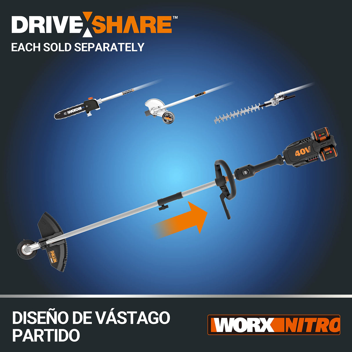 WORX Cortabordes y desbrozadora Nitro 38cm 40V (2x20V) | PowerShare | Motor sin escobillas | WG186E.1-2 baterías 4Ah| Cargador | 2 en 1 | Doble Hilo