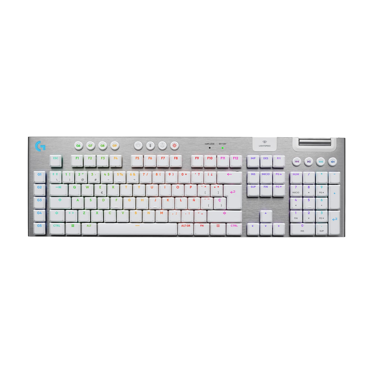 Logitech G G915 X LIGHTSPEED Teclado para gaming inalámbrico de perfil bajo, teclas de PBT de doble moldeado, elegante acabado en aluminio, interruptores táctiles marrones GL,PC/Mac,QWERTY US - Blanco