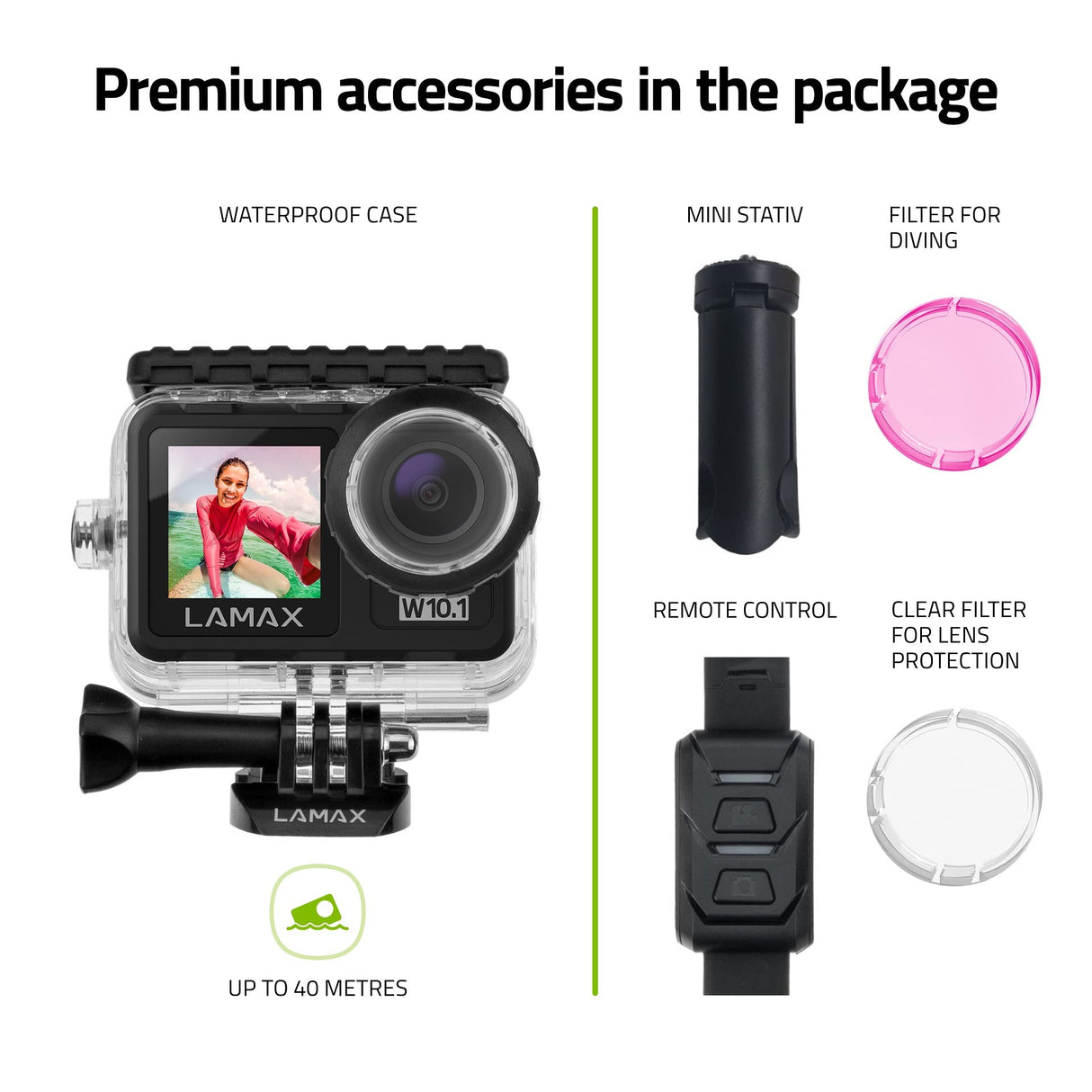 LAMAX W10.1 Real 4K 60 fps Action CAM con estabilización MAXsmooth 2.0, cámara subacuática, videocámara con Doble Pantalla, Accesorios completos, Wi-Fi, vídeo a cámara Lenta, lapso de Tiempo, Modo de