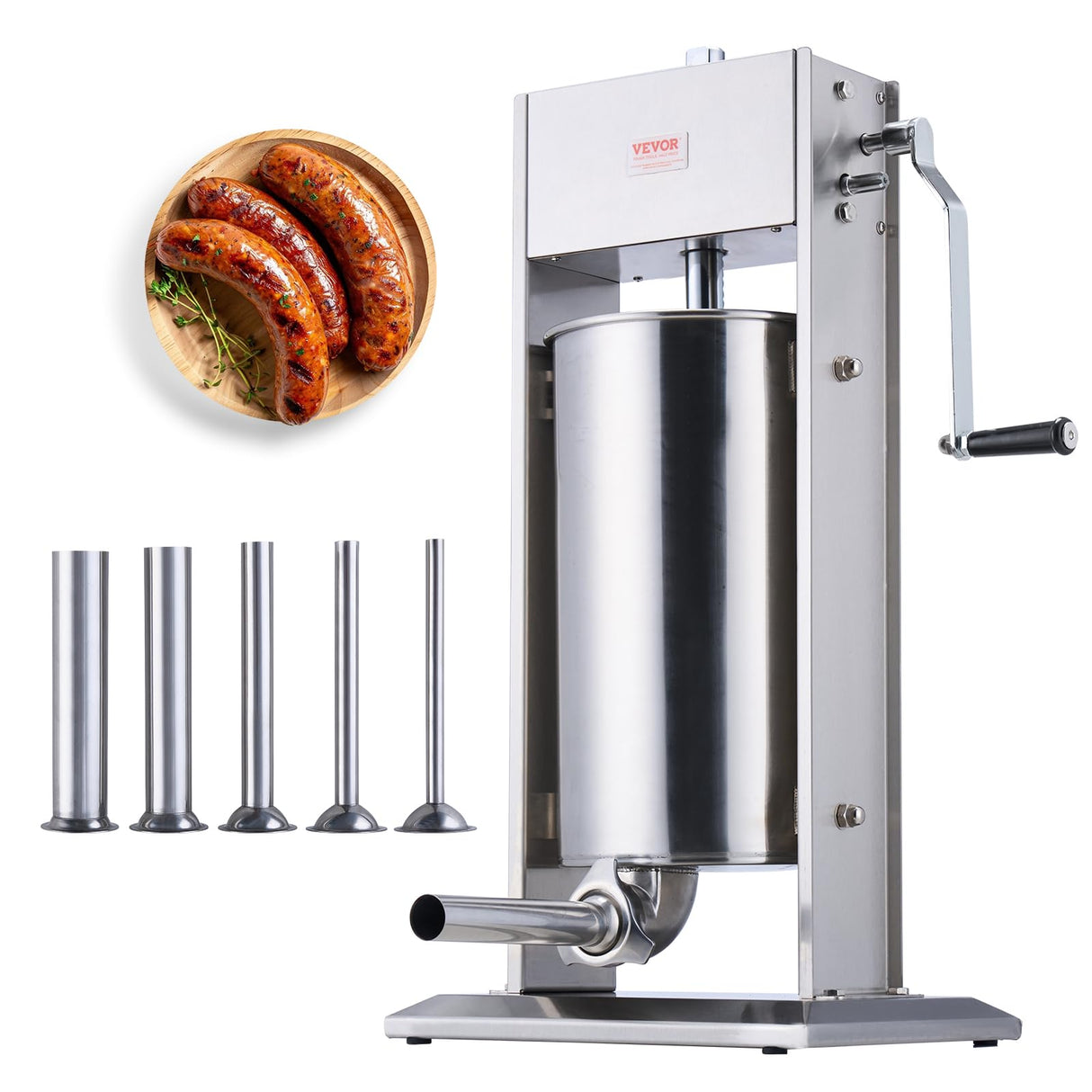 VEVOR Embutidora Manual de Salchichas Capacidad de 15 L Máquina de Salchichas Vertical de Acero Inoxidable con 5 Tubos de Relleno para Churros Salchichas para Restaurante Supermercado Cocina
