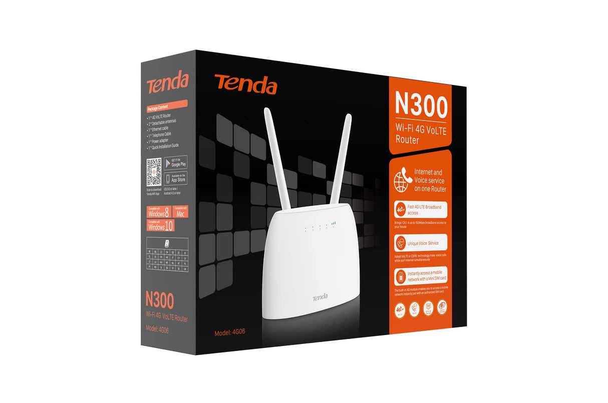 Tenda Router Wi-fi 4G 2.4 Volte 4G06 N300 Tarjeta Sim, 2 Antenas Desmontables, Acceso a Datos y Servicios de Voz Flexible.