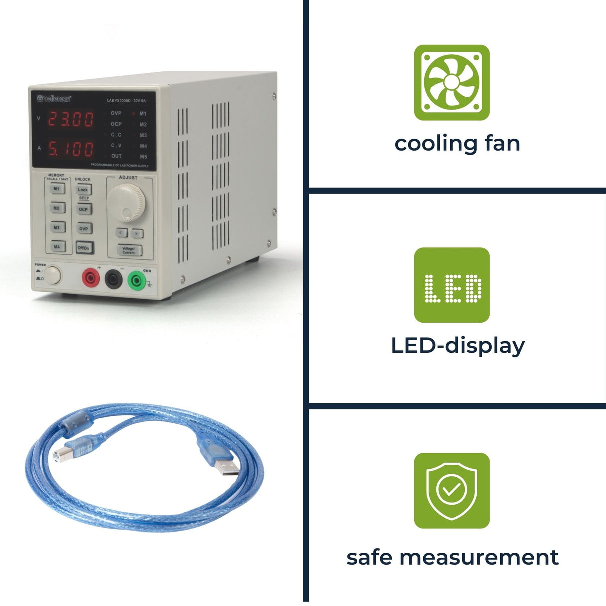 Velleman Suministro de laboratorio, programable, ajustable, 0-30 VCC/0-5 A, limitación de corriente, protección contra cortocircuitos, pantalla LCD, USB, conexión gris