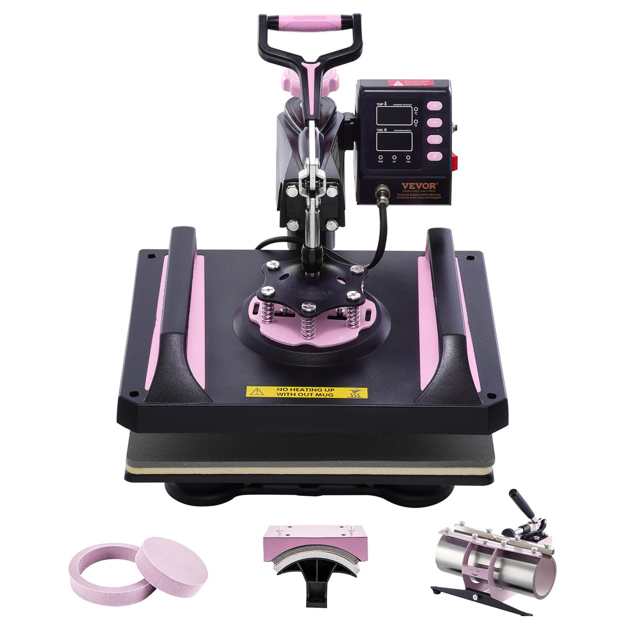 VEVOR 5 en 1 Máquina de Prensado por Calor con Prensa de Vaso de 887 ml, 290 x 380 mm, Prensa Térmico con Giro de 360° y Revestimiento de Teflón para Camiseta, Taza, Sombrero y Plato, Negro y Rosa