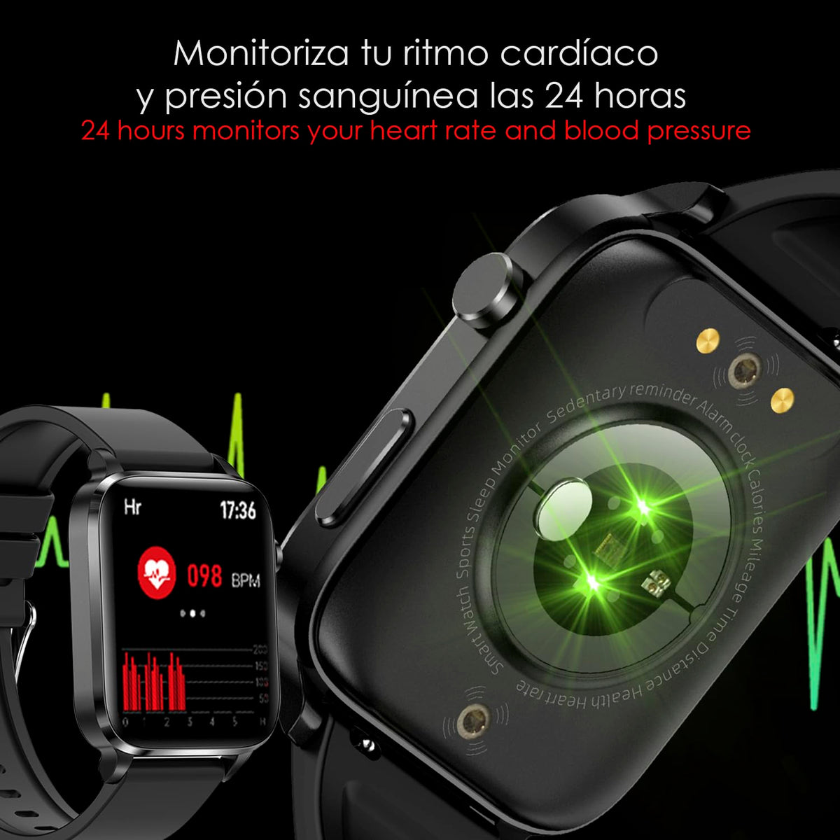 DAM Smartwatch F100 con Terapia de Salud con láser de Doble sonda. Monitor de O2, tensión y termómetro. Varios Modos Deportivos. 3,7x1,1x4,2 Cm. Color: Negro