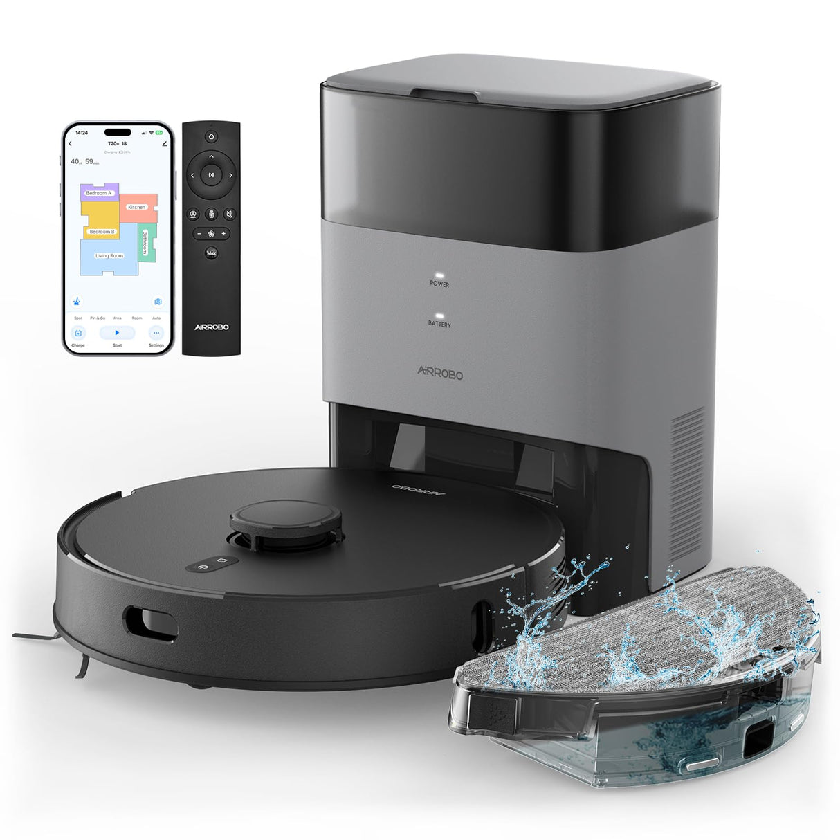 AIRROBO T20 Robot Aspirador y fregasuelos con Base autovaciado, Navegación láser, Succión 2700Pa, WiFi/Alexa/Google/App, Robot Aspirador mapeo, Sacchetto per Polvere da 3,3L, para Mascotas