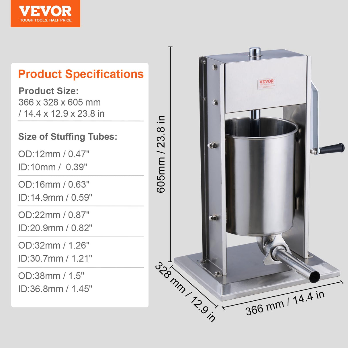 VEVOR Embutidora Manual de Salchichas Capacidad de 10 L Máquina de Salchichas Vertical de Acero Inoxidable con 5 Tubos de Relleno para Churros Salchichas para Restaurante Supermercado Cocina