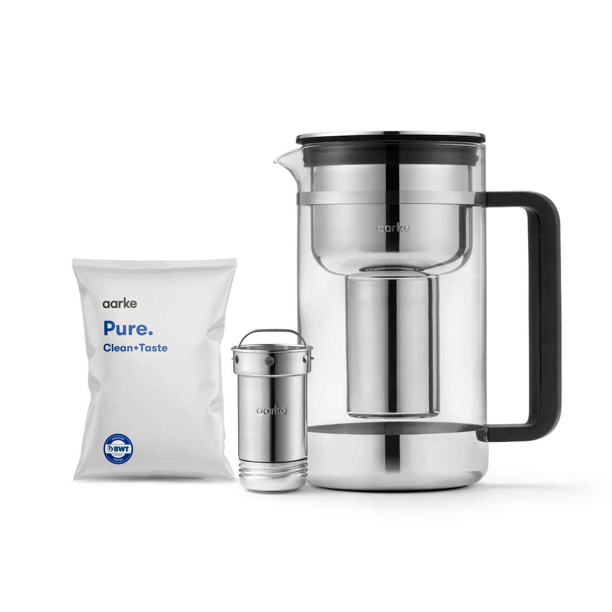 Aarke Purifier Large, jarra filtrante de agua en vidrio y acero inoxidable, 1,7 L / 7 tazas, incluye bolsa de recarga de filtro Pure Aarke