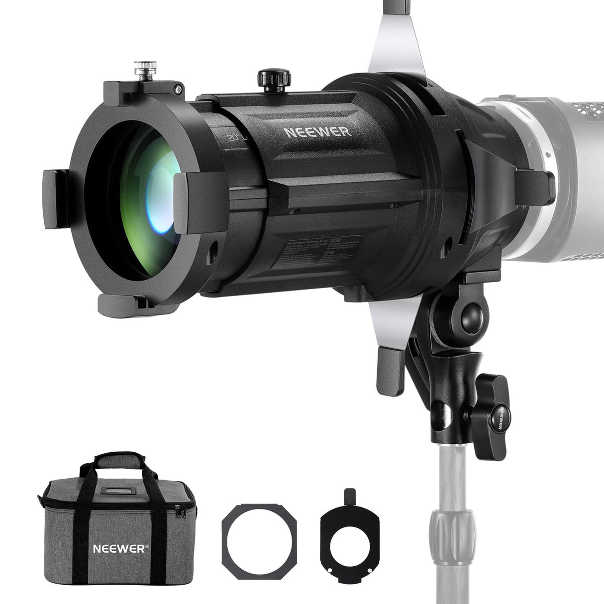 Neewer Soporte Snoot de 20°, Bolsa, Lente de proyección, Enfoque Ajustable, 16 gobos de Metal, 5 Geles de Color, Luz de Video LED Cónica Snoot MS Series(No para Montura Bowens), LS-48