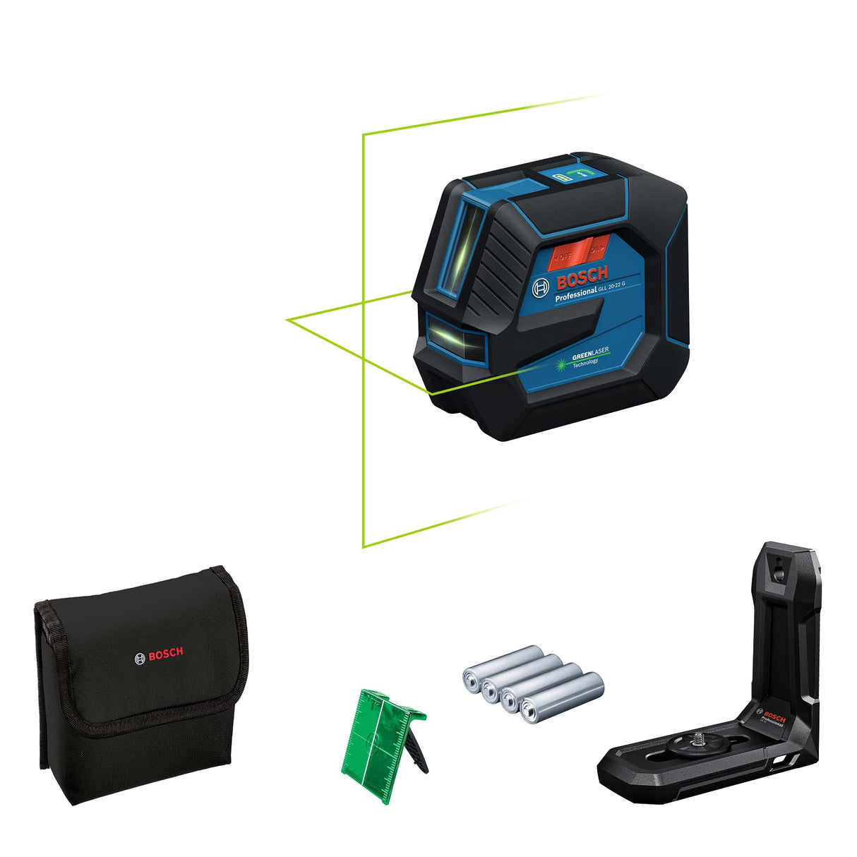 Bosch Professional Nivel láser GLL 20-22 G (soporte LB 10, láser verde, uso en interiores, doble fuente de alimentación, 2 pilas LR6 de 1,5 V, funda protectora)