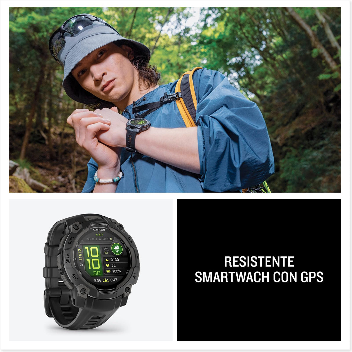 Garmin Instinct 3, Reloj inteligente con GPS, Pantalla AMOLED de 45 mm, Resistente al agua, Aplicaciones deportivas integradas, Monitorización de la salud, Linterna LED, Hasta 18 días autonomía, Negro