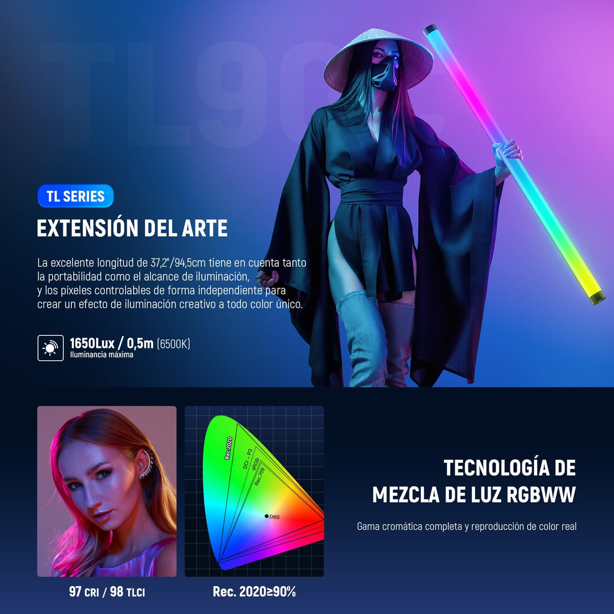 NEEWER RGB Tubo Luz, 30W Luz Video LED RGBWW Varita de Luz a Todo Color con 18 Escenas 7 Píxeles Efectos 2500-10000K CRI97/TLCI98 6000mAh, Control App/2.4G/DMX para Grabación Fotografía, TL90C