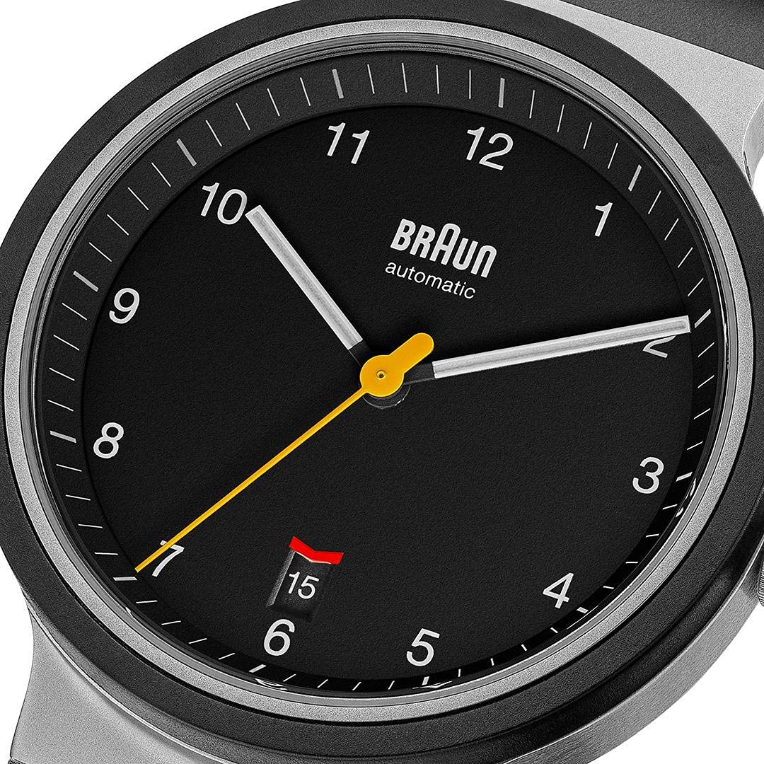 Braun Automatic 3-Hand 40mm Mens Watch with Date Analogue Watch, Rubber Strap, 40mm Stainless Steel Case with Black Dial, Model BN0278BKBKG.