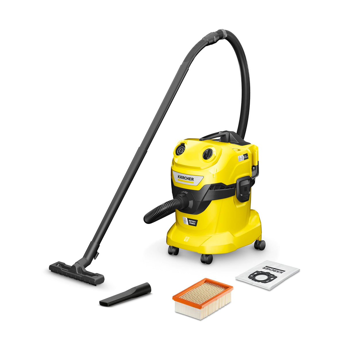 Kärcher WD 4-18, motor 36 V (2 x 18 V), depósito de plástico 20 l, función de soplado, filtro plegado plano, bolsa de filtro de fieltro, manguera de aspiración 2,2 m, boquilla para suelos, sin batería