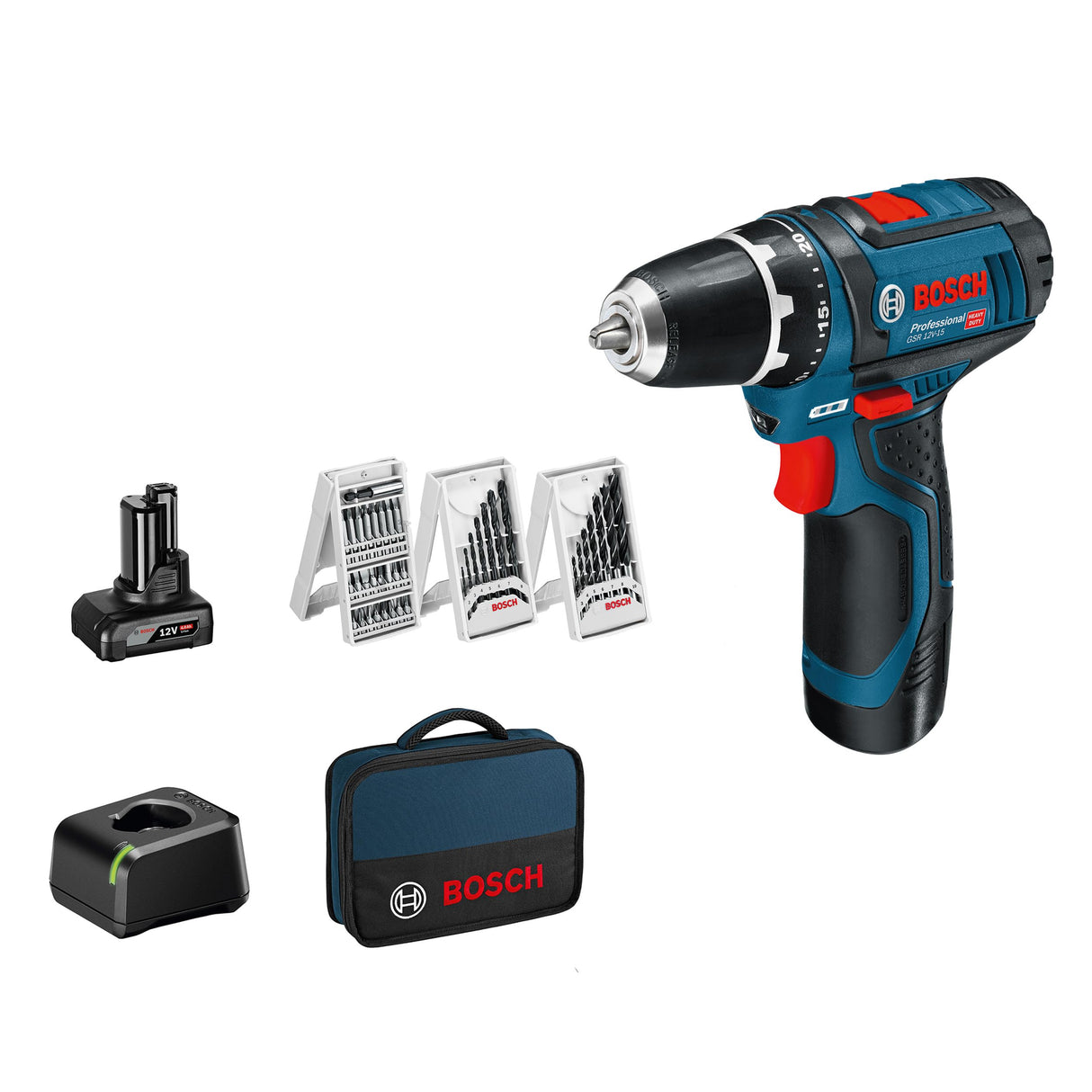 Bosch Professional 12V System GSR 12V-15 - Atornillador a batería (30 Nm, set 39 accesorios, 1 batería x 2.0 Ah, 1 batería x 4.0 Ah, en maletín de lona)