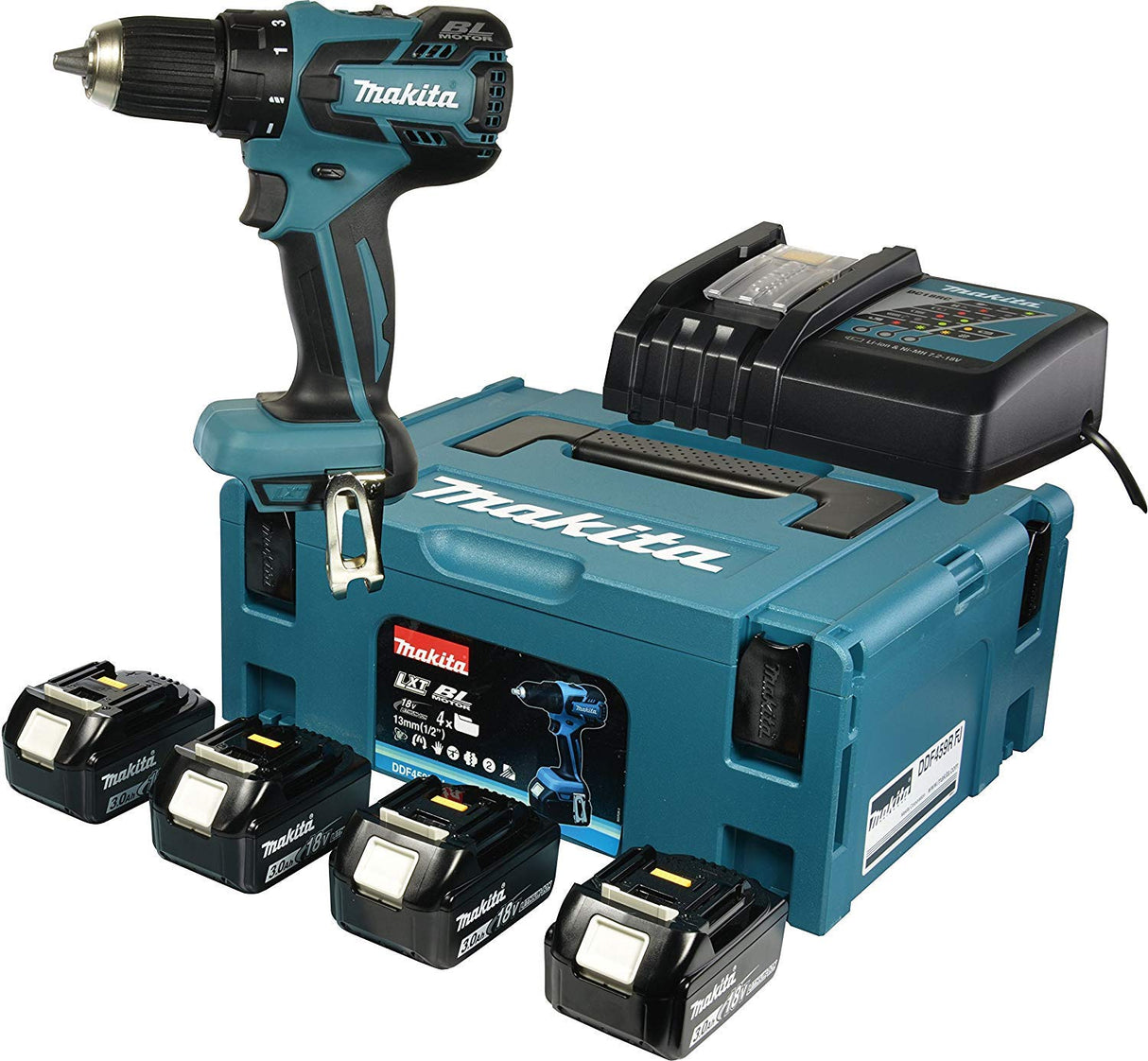 Makita DDF459RF4J Taladro Atornillador inalámbrico (180 V, 30 Ah, con 4 baterías y Cargador) 0 W, 18 V, Turquesa Negro, One size