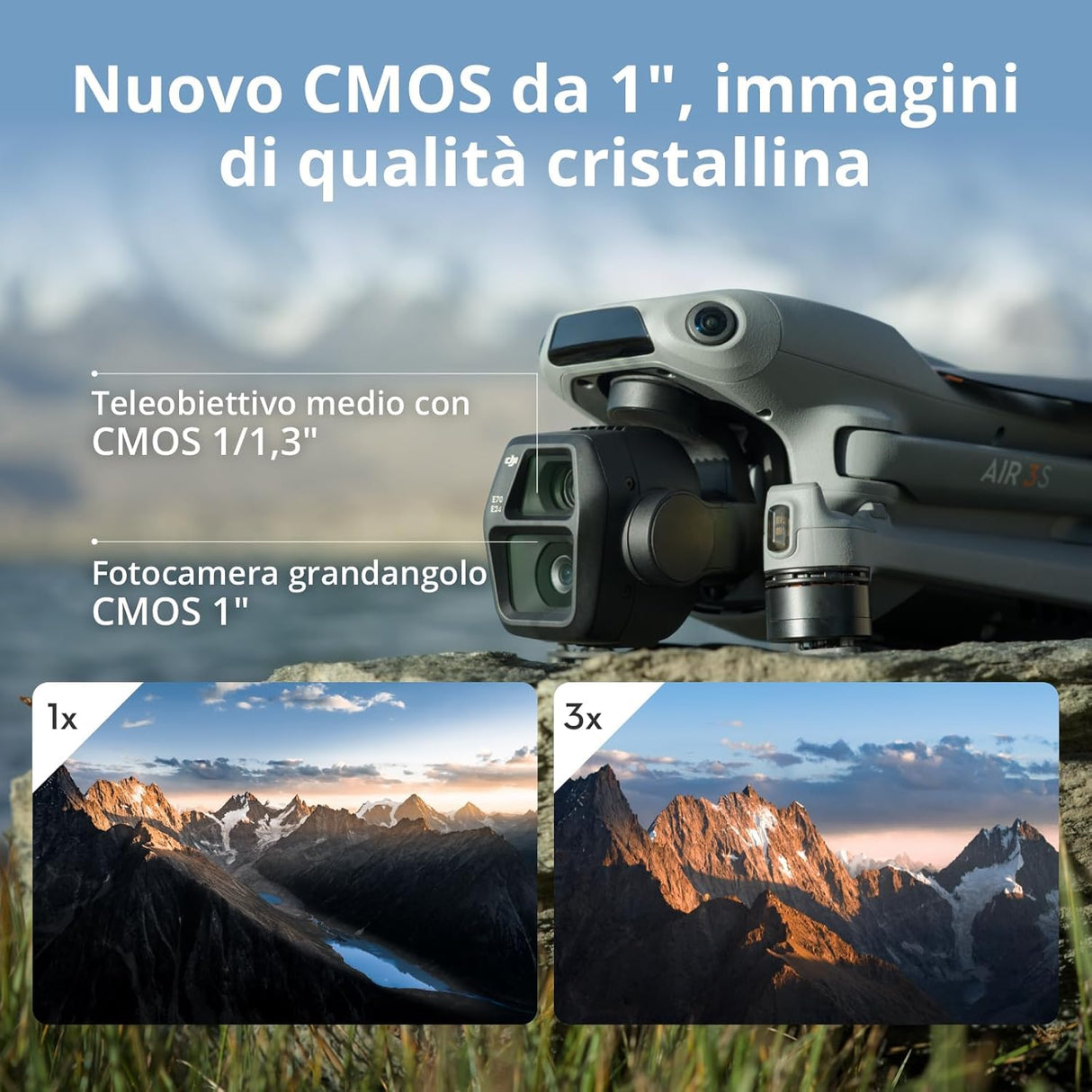 Pack DJI Air 3S Vuela Más (RC-N3), dron con gran angular con CMOS 1" y telecámara media, vídeo 4K/60 fps HDR, detección de obstáculos omnidireccional en escenas nocturnas y 3 baterías para volar más