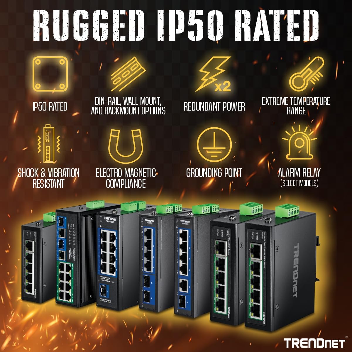 TRENDnet, TI-PG50, Conmutador Gigabit Industrial no administrado Reforzado de 5 Puertos, 10/100/1000 Mbps, conmutador DIN-Rail, 4 Puertos Gigabit PoE+, 1 Puerto Gigabit