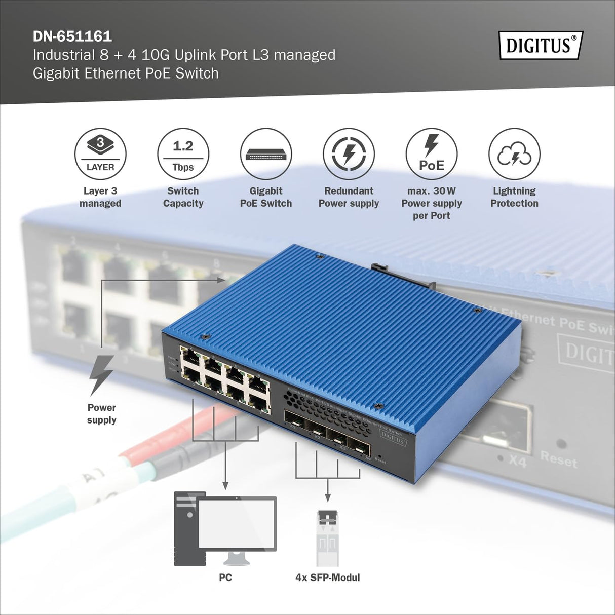 DIGITUS Conmutador de Red PoE - 12 Puertos Gigabit Ethernet - 8X RJ45 + 4X SFP+ 10 Gigabit - IP40 - L3 gestionado, VLAN - 10/100/1000 Mbit/s - Montaje en Carril DIN - Serie Industrial - Negro/Azul