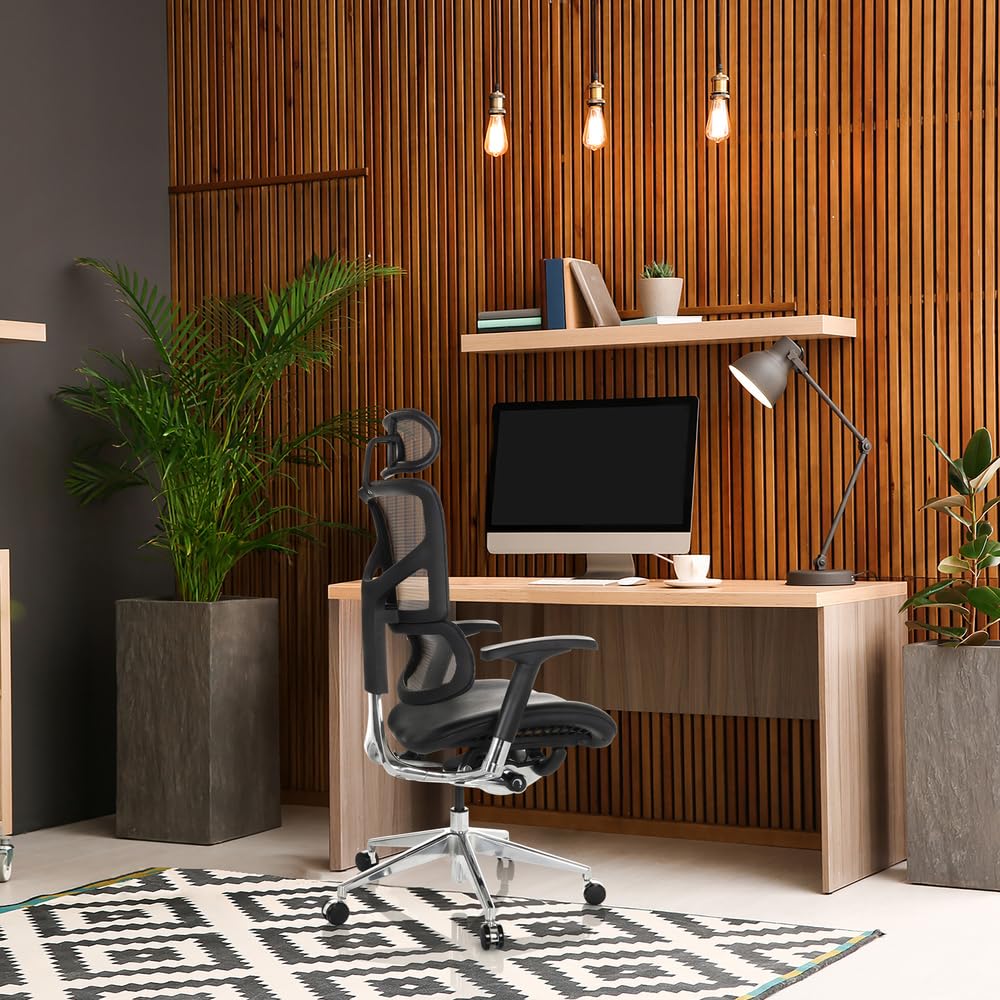 hjh OFFICE Silla de Oficina Profesional Ergo-U2 LM Silla giratoria ergonómica de Cuero, Apoyo Lumbar Flexible, Respaldo Regulable en Altura, Respaldo de Rejilla Negro 651102