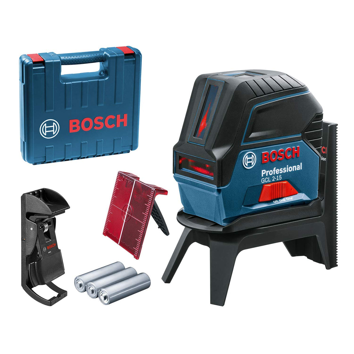 Bosch Professional Nivel láser GCL 2-15 (láser rojo, interior, con puntos de plomada, alcance: 15 m, 3 pilas AA, soporte giratorio RM 1, placa reflectora láser, estuche de protección, maletín)