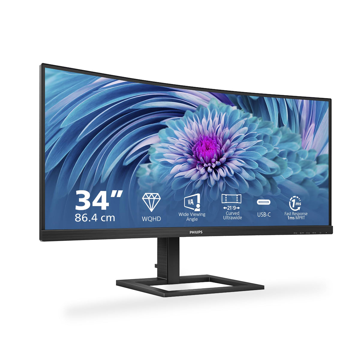 Philips Monitors 346E2CUAE/00-34" Curved 1500R, WQHD, 100Hz, 1ms, VA, Adaptive Sync (3440x1440, 300cd/m, 2xHDMI, DisplayPort 1x1.2), Negro