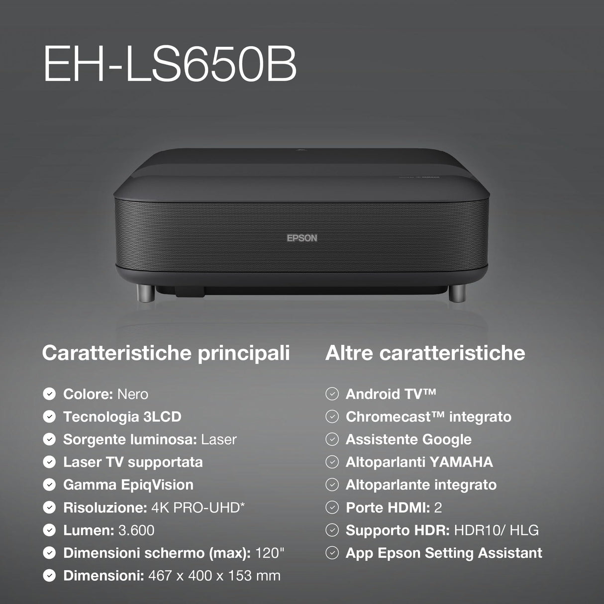 Epson Proyector de Alcance Ultra Corto EH-LS650B 4K Pro UHD