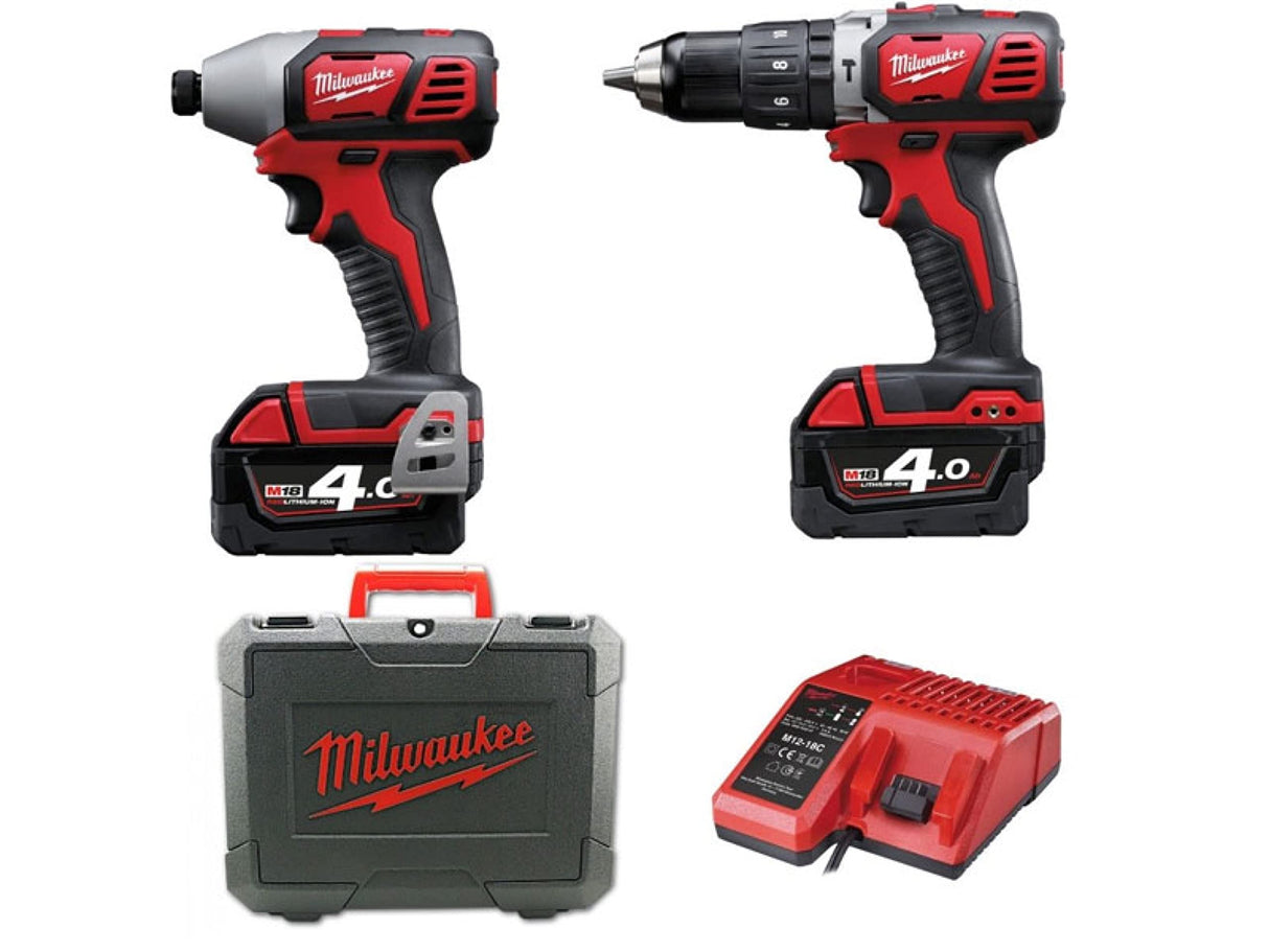 Milwaukee M18BPP2C-402C Juego de Taladro de percusión, Destornillador de Impacto y 2 baterías de 18 V y 4 Ah de Iones de Litio y Estuche M18 BPP2C-402C, 200 W, Rojo