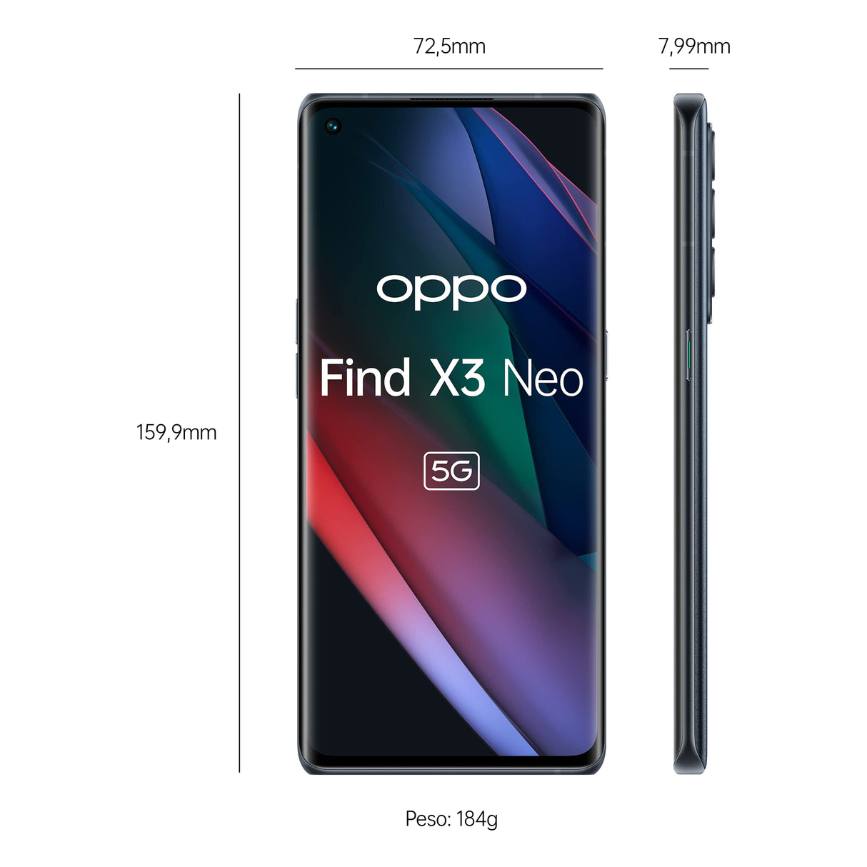OPPO Find X3 Neo 5G - Teléfono Móvil libre, 12GB+256GB, Cámara 50+16+13+2+32 MP, Smartphone Android, Batería 4500mAh, Carga Rápida 65W, Dual SIM - Negro