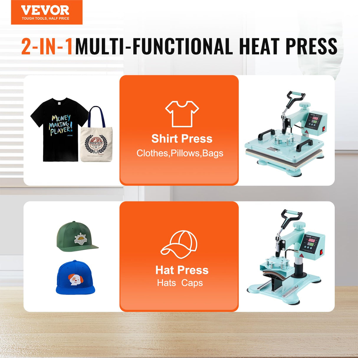 VEVOR 2 en 1 Máquina de Prensado por Calor con Prensa para gorras, 300 x 380 mm, Máquina de Prensa Térmico con Giro de 360° con Control Digital Preciso para Camiseta, Taza, Sombrero y Plato, Verde