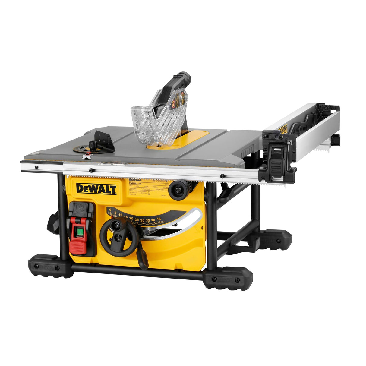 DEWALT DWE7485-QS - Sierra de Mesa Compacta 210 mm, Diámetro de Hoja 210/30mm, 5800 rpm de Velocidad, Biselado de 48º, Máx. Cap. de Corte (Derecha/Izquierda) 622/318mm
